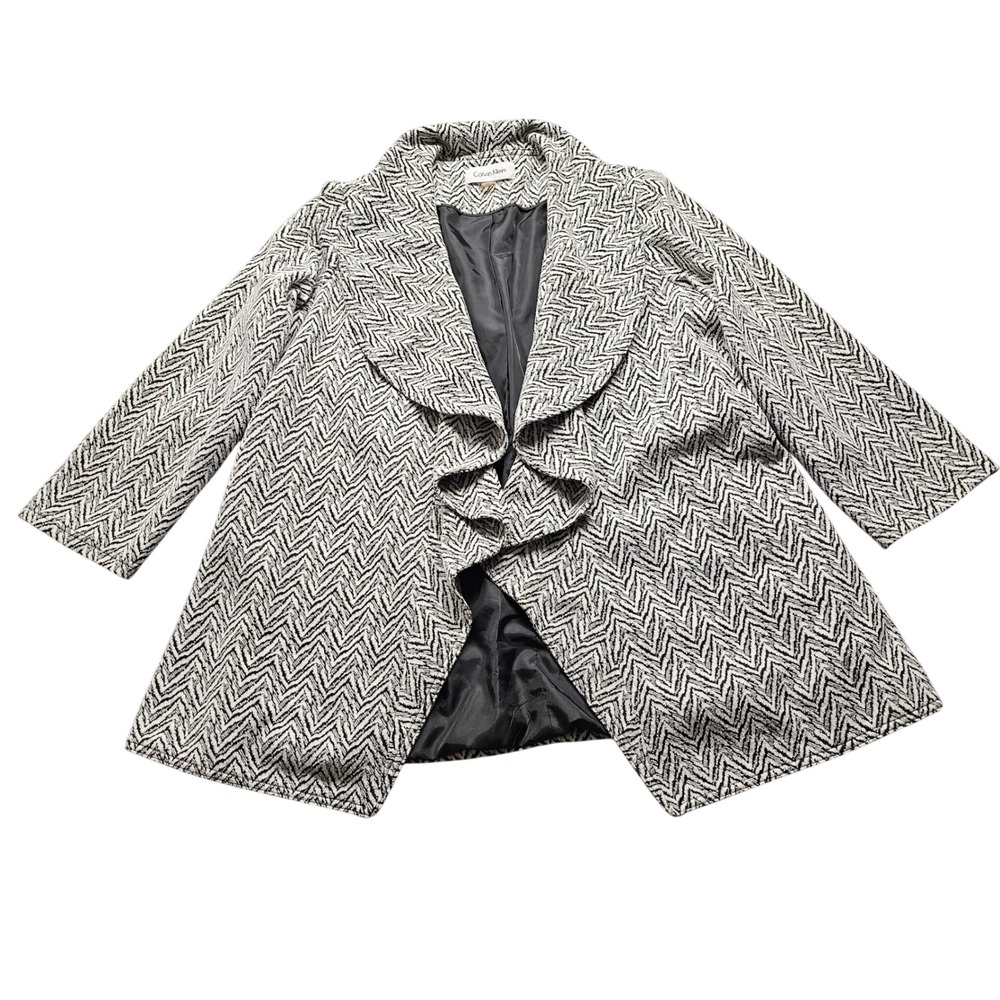 Calvin Klein Open Front Ruffle Blazer Womens XL Black White Chevron Zig Zag